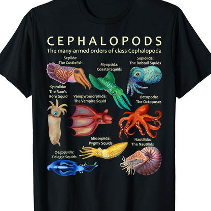 Men's Graphic T-Shirt Cephalopods Various Marine Species Surrounded By Labeled Scientific Illustrations Octopus