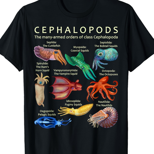 Men's Graphic T-Shirt Cephalopods Various Marine Species Surrounded By Labeled Scientific Illustrations Octopus