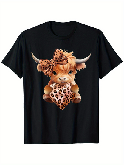 Men's Graphic T-Shirt Adorable Brown Highland Calf With Leopard Patterned Bow And Scarf Calf