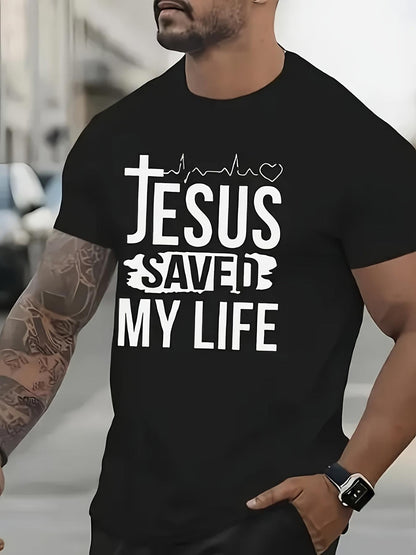 Men's Graphic T-Shirt Jesus Saved My Life With Heartbeat And Cross Motif