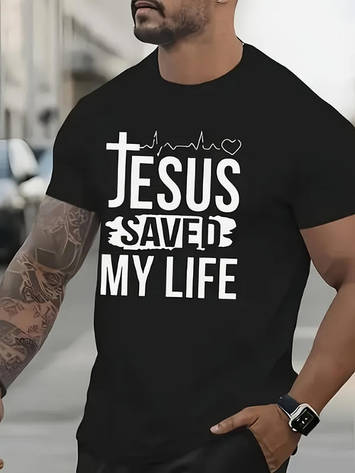 Men's Graphic T-Shirt Jesus Saved My Life With Heartbeat And Cross Motif