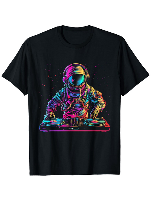 Men's Graphic T-Shirt Colorful Neon Lights With Headphones Spinning Music DJ Astronaut
