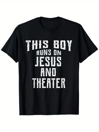 Men's Graphic T-Shirt This Boy Runs On Jesus And Theater Vintage White Distressed Letters On Black T Shirt