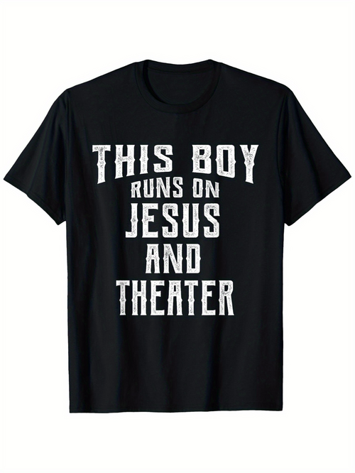 Men's Graphic T-Shirt This Boy Runs On Jesus And Theater Vintage White Distressed Letters On Black T Shirt