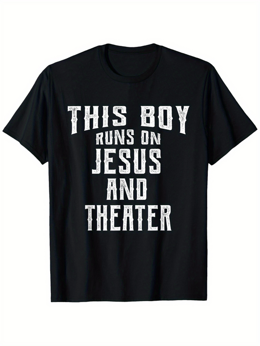 Men's Graphic T-Shirt This Boy Runs On Jesus And Theater Vintage White Distressed Letters On Black T Shirt