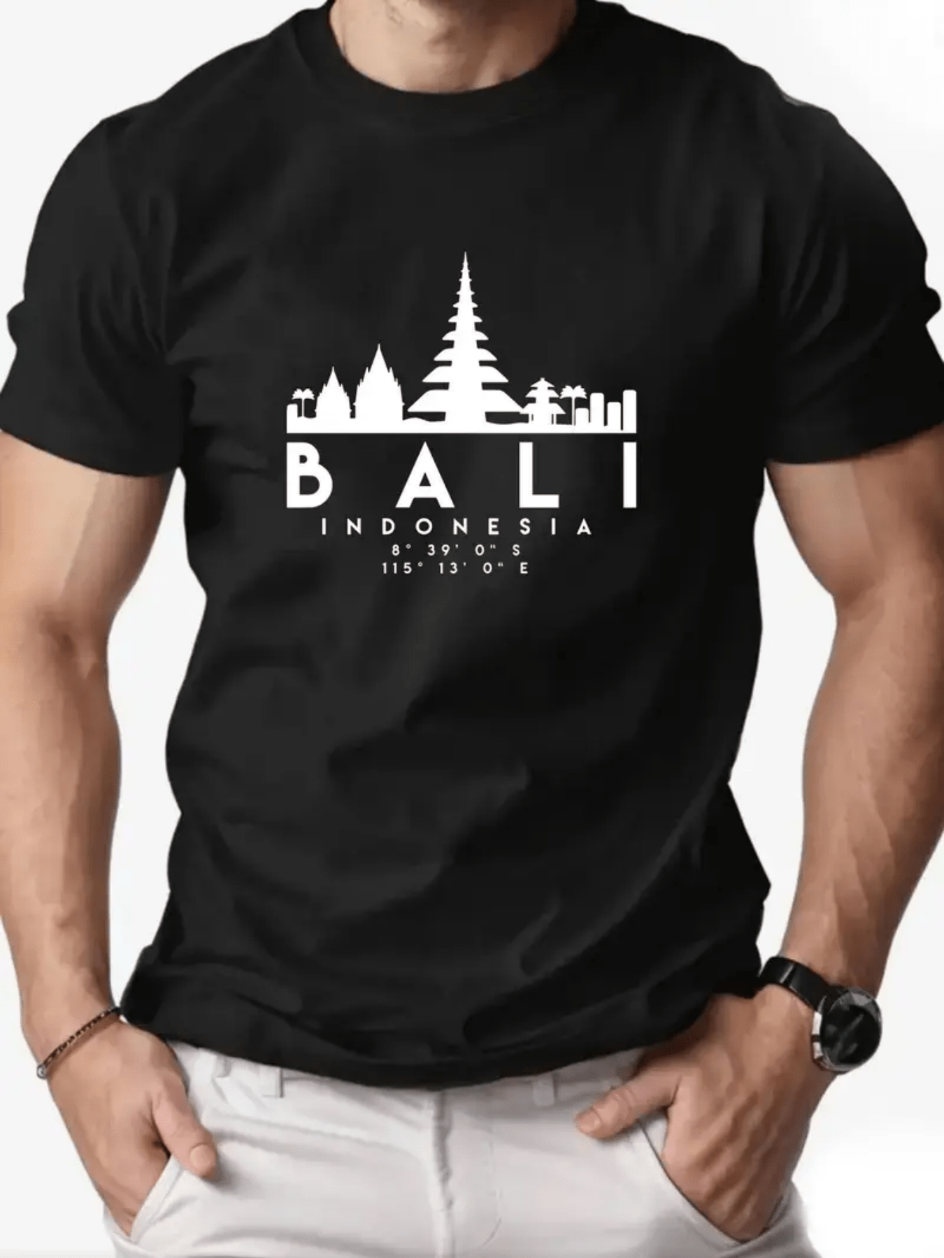 Men's Graphic T-Shirt Bali Indonesia Scenic Landmarks Silhouetted In White On Central T Shirt