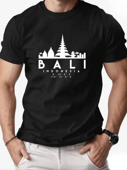 Men's Graphic T-Shirt Bali Indonesia Scenic Landmarks Silhouetted In White On Central T Shirt