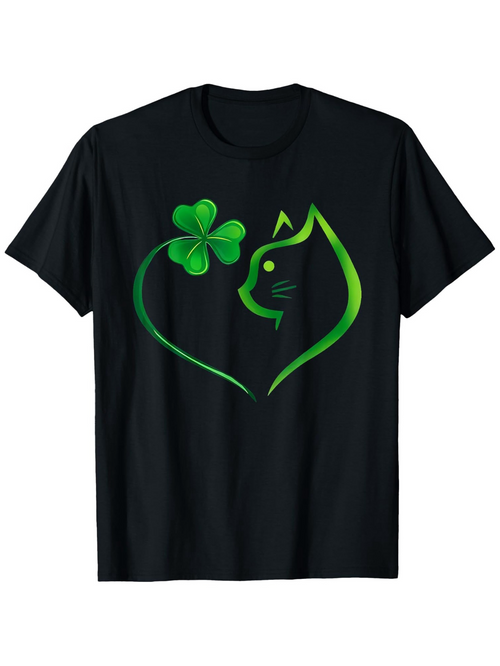 Men's Graphic T-Shirt Green Lucky Clover With Artistic Heart And Cat Silhouette
