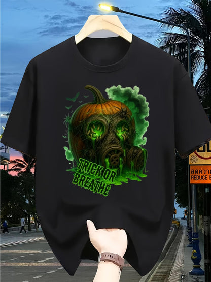 Men's Graphic T-Shirt Trick Or Breathe Glowing Green Mist Creeping Under Smoky Halloween Pumpkin