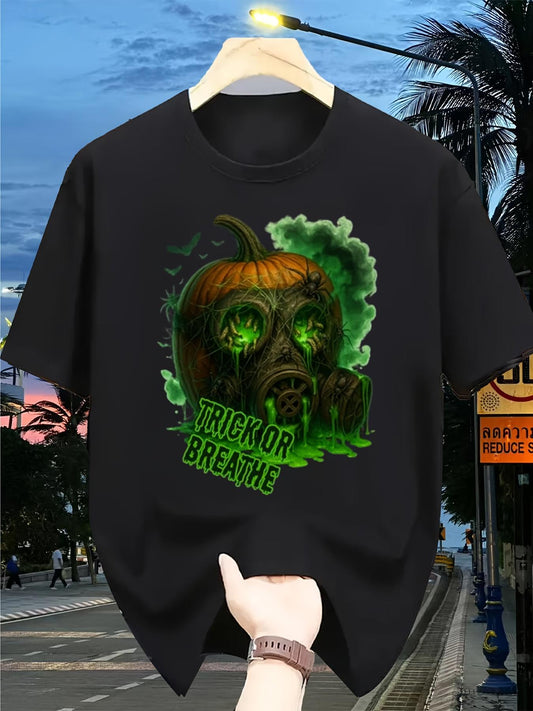 Men's Graphic T-Shirt Trick Or Breathe Glowing Green Mist Creeping Under Smoky Halloween Pumpkin