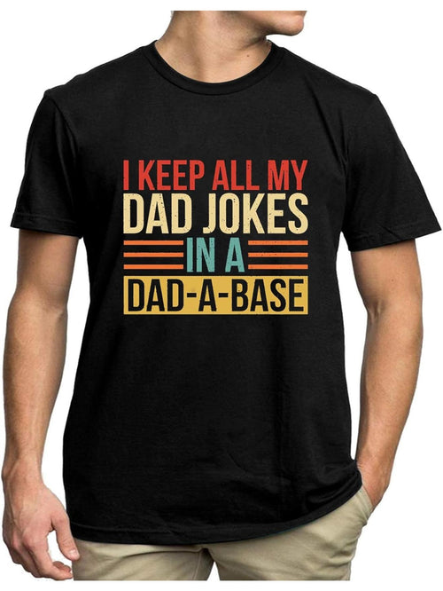 Men's Graphic T-Shirt I Keep All My Dad Jokes In A Dadabase Bold Colored Stripes On Black Shirt