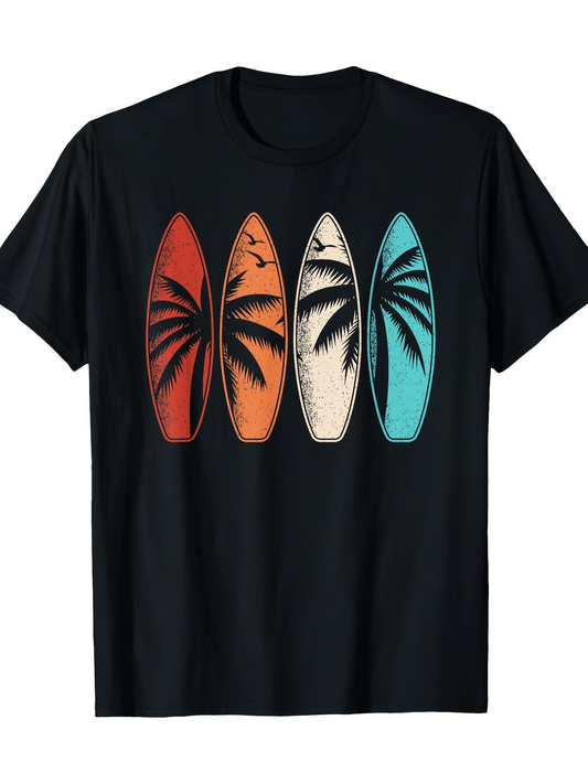 Men's Graphic T-Shirt Vintage Colored Palm Trees With Sunset Surfboard Pattern