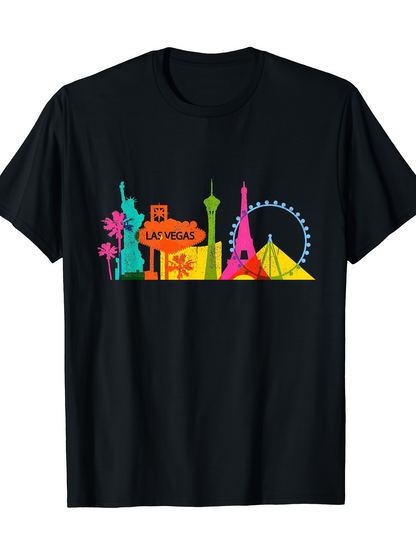 Men's Graphic T-Shirt Las Vegas Neon Skyline Featuring Casinos And Iconic Monuments Night Scene