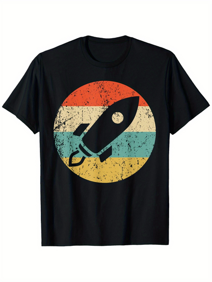 Men's Graphic T-Shirt Retro Faded Color Stripes With Large Black Rocket