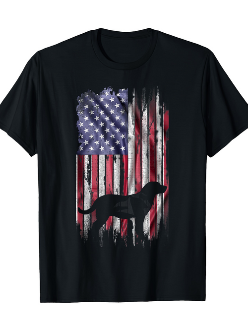 Men's Graphic T-Shirt Brush Stroke Style American Flag Silhouette Featuring Loyal Labrador Dog