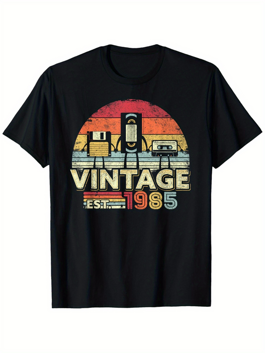 Men's Graphic T-Shirt Vintage Retro Colorful Sunset With Classic Electronics 1985