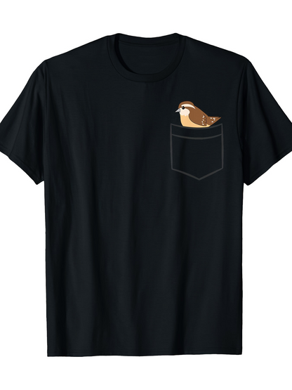 Men's Graphic T-Shirt Pocket With Small Bird Perched Calmly On Black Shirt
