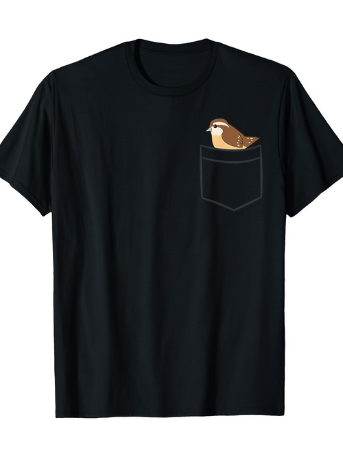 Men's Graphic T-Shirt Pocket With Small Bird Perched Calmly On Black Shirt