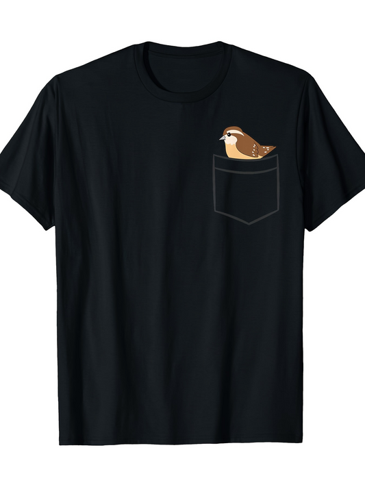Men's Graphic T-Shirt Pocket With Small Bird Perched Calmly On Black Shirt