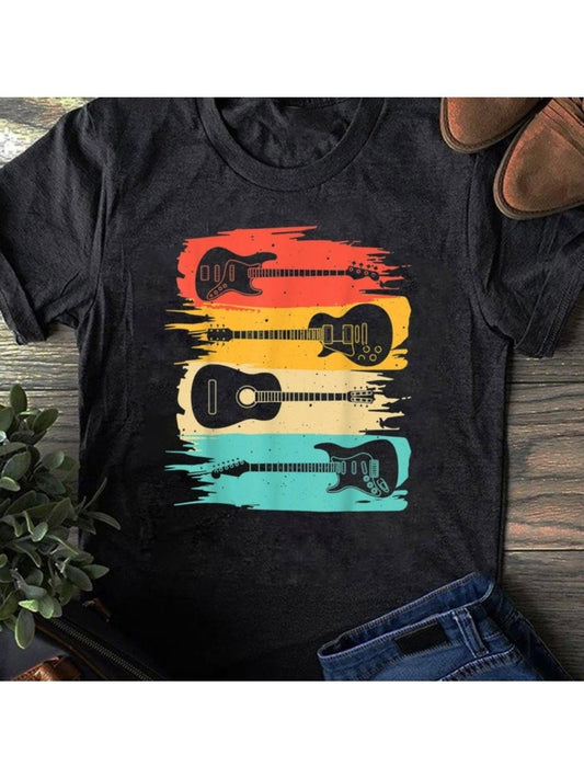 Men's Graphic T-Shirt Vintage Sunset Color Stripes Featuring Electric And Acoustic Guitars