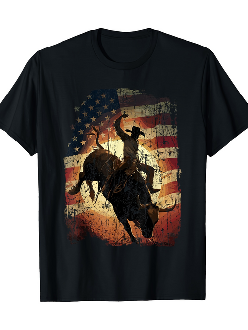 Men's Graphic T-Shirt Sunset Rodeo With Cowboy Silhouette Under Faded American Flag Bull
