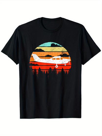 Men's Graphic T-Shirt Vintage Sunset With Forest Silhouette And Small Propeller Plane