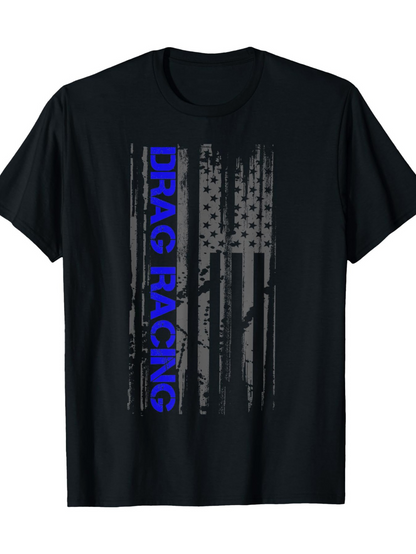 Men's Graphic T-Shirt Drag Racing Blue Lettering Over Grunge American Flag Graphic T Shirt