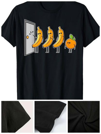 Men's Graphic T-Shirt Playful Cartoon Bananas And Orange Lined Up Outside A Closed Door