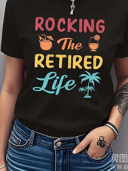 Men's Graphic T-Shirt Rocking The Retired Life With Palm Tree And Tropical Drink Icons