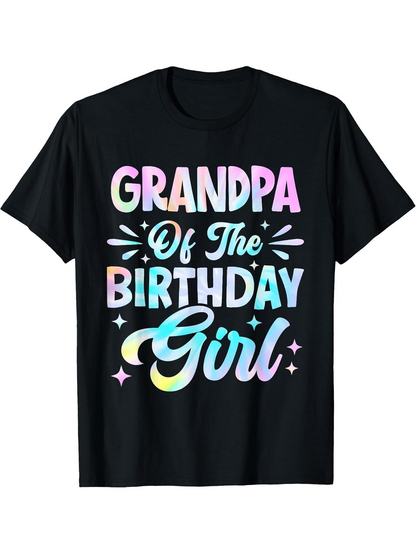 Men's Graphic T-Shirt Grandpa Of The Birthday Girl Pastel Lettering Surrounded By Decorative Sparkles Black T Shirt