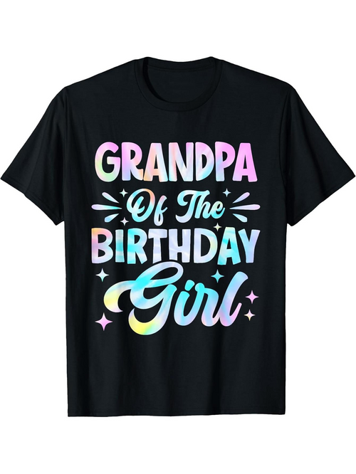Men's Graphic T-Shirt Grandpa Of The Birthday Girl Pastel Lettering Surrounded By Decorative Sparkles Black T Shirt