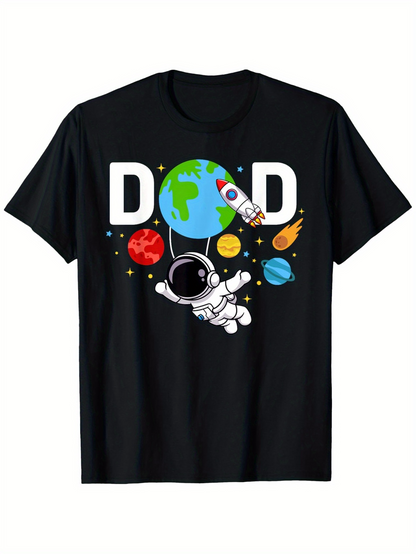 Men's Graphic T-Shirt Dad Playful Cartoon Astronaut Floating Among Planets With Earth And Spaceship