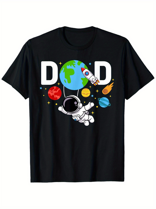 Men's Graphic T-Shirt Dad Playful Cartoon Astronaut Floating Among Planets With Earth And Spaceship