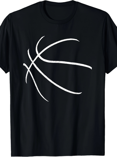 Men's Graphic T-Shirt Minimalist White Line Art Of Dynamic Basketball Silhouette On Black Cotton Fabric Basketball