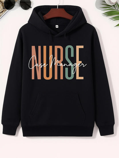 Women's Graphic Hoodie Case Manager Large Pastel Letters Over Black Hoodie Nurse