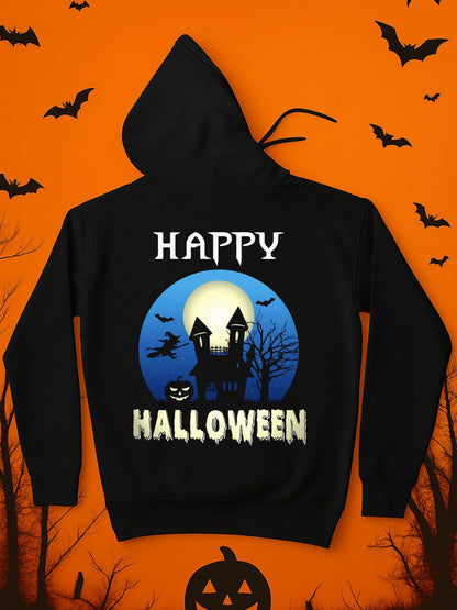 Men's Graphic Hoodie Happy Halloween Haunted Castle With Bats Full Moon And Pumpkin