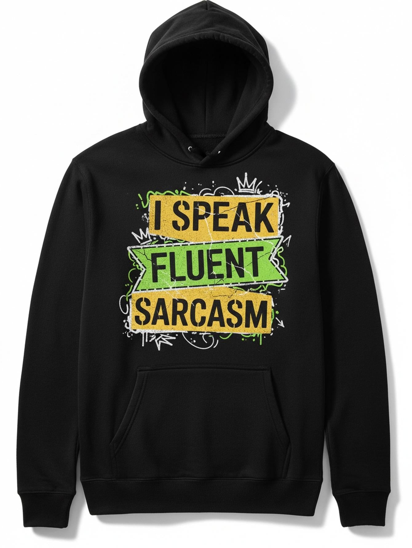 Men's Graphic Hoodie I Speak Fluent Sarcasm Neon Highlighted Words Surrounded By Scribble Doodle Accents Hoodie
