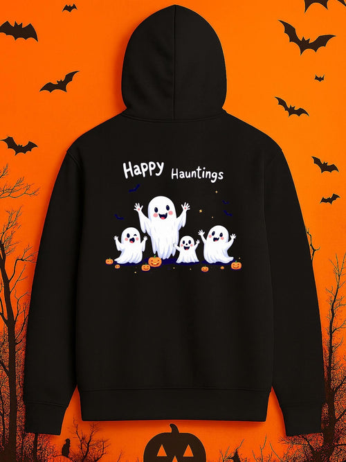 Men's Graphic Hoodie Happy Hauntings Halloween Ghosts Surrounded By Pumpkins Under Night Sky Ghost