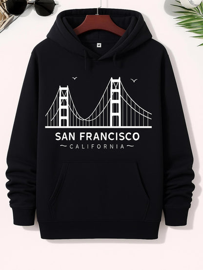 Men's Graphic Hoodie San Francisco Golden Gate Bridge Illustration With Birds And Skyline