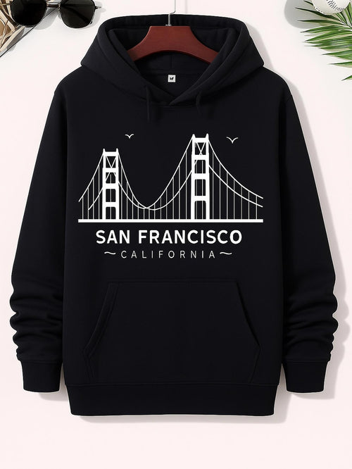 Men's Graphic Hoodie San Francisco Golden Gate Bridge Illustration With Birds And Skyline