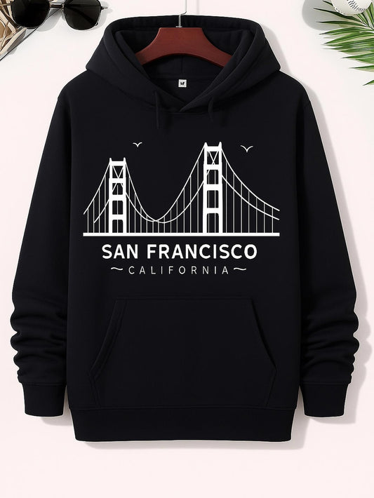Men's Graphic Hoodie San Francisco Golden Gate Bridge Illustration With Birds And Skyline