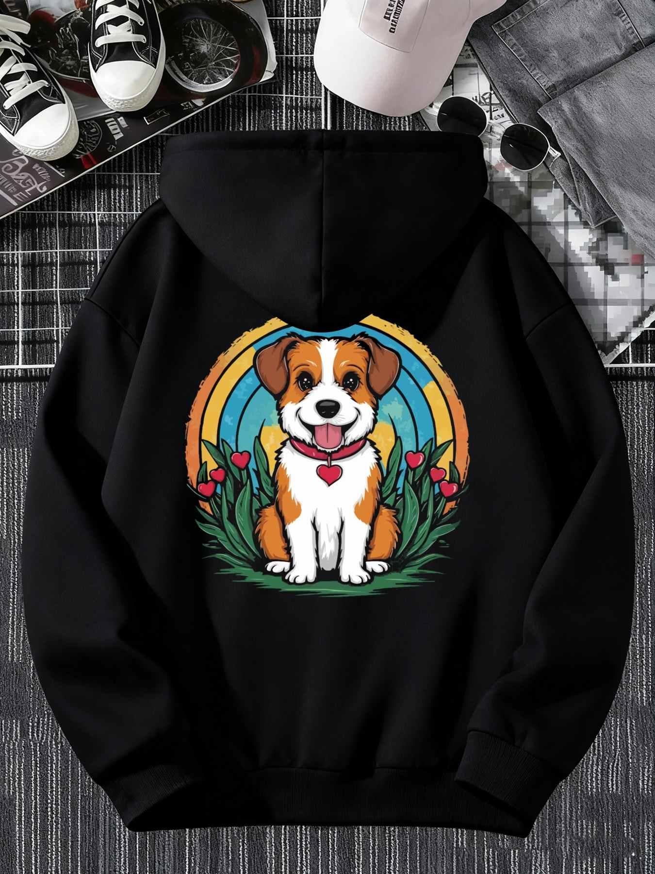 Women's Graphic Hoodie Colorful Flowers And Green Grass Under A Smiling Cute Dog