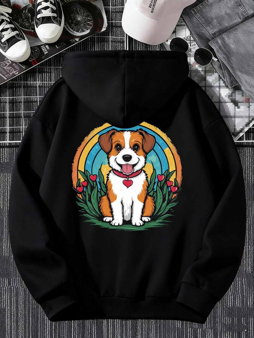 Women's Graphic Hoodie Colorful Flowers And Green Grass Under A Smiling Cute Dog