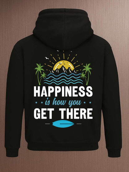 Men's Graphic Hoodie Happiness Is How You Get There With Sunset Waves Palm Trees Among Sparkling Sun