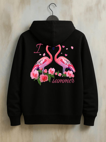 Women's Graphic Hoodie I Summer Delicate Pink Flamingos With Blossoming Roses Among Green Leaves Flamingo
