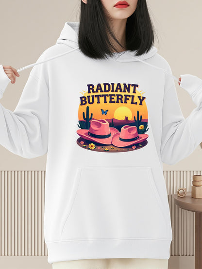 Women's Graphic Hoodie Radiant Butterfly Sunset Prairie With Cacti Flowers And Pink Cowboy Hat Butterfly