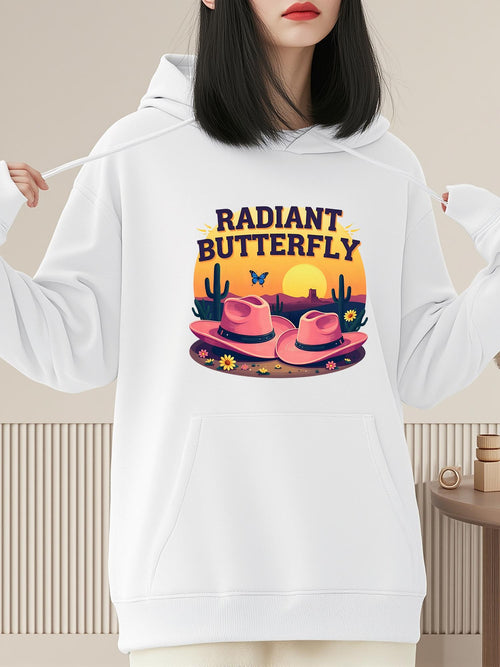 Women's Graphic Hoodie Radiant Butterfly Sunset Prairie With Cacti Flowers And Pink Cowboy Hat Butterfly