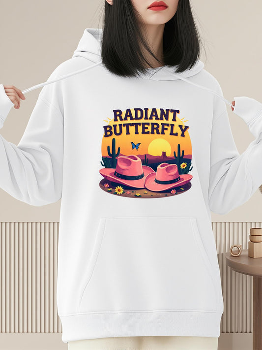Women's Graphic Hoodie Radiant Butterfly Sunset Prairie With Cacti Flowers And Pink Cowboy Hat Butterfly