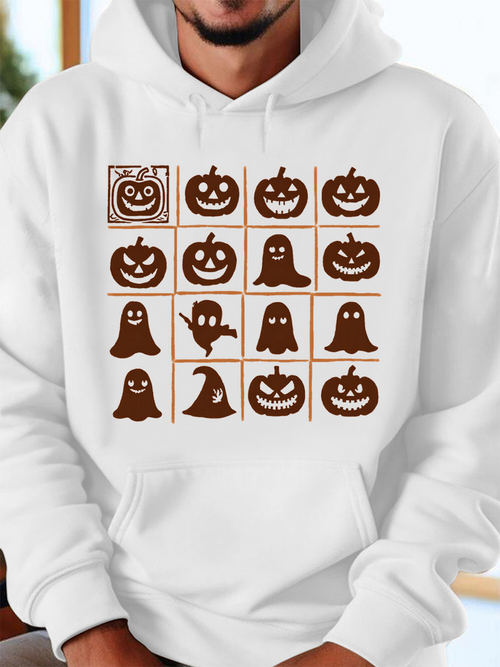 Men's Graphic Hoodie Halloween Pumpkins And Ghosts With Smiling Faces In Grid Pattern Hoodie