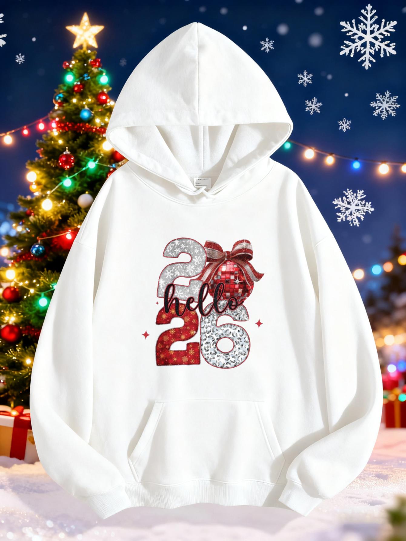 Women's Graphic Hoodie Hello Glittering Ribbon And Snowflakes Holiday Numbers